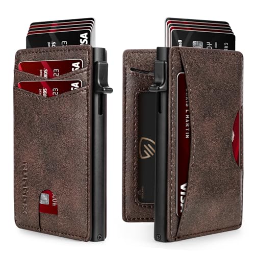 RUNBOX Slim Card Wallet für Herren mit Ausweisfenster - Minimalistische RFID Geldbörse, Pop-Up Funktion, Ultradünnes Design, Metall Visitenkartenetui Hält 8+ Karten, Geschenke für Männer, Männer von RUNBOX