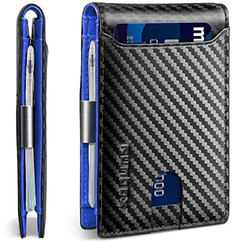 RUNBOX Slim Wallets for Men - Leather Money Clip Mens Wallet - RFID Blocking Front Pocket Bifold Wallet - Thin Credit Card Holder with Gift Box, Carbon Black & Blue, medium, Minimalistisch von RUNBOX