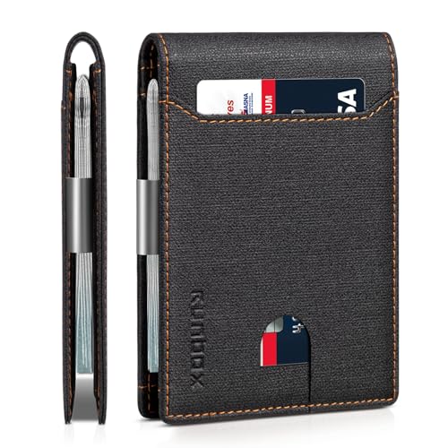 RUNBOX Slim Wallets for Men - Leather Money Clip Mens Wallet - RFID Blocking Front Pocket Bifold Wallet - Thin Credit Card Holder with Gift Box, Stoffmuster schwarz, medium, Minimalistisch von RUNBOX