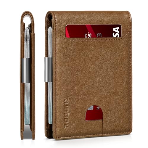 RUNBOX Slim Wallets for Men - Leather Money Clip Mens Wallet - RFID Blocking Front Pocket Bifold Wallet - Thin Credit Card Holder with Gift Box, Vintage Brown, medium, Minimalistisch von RUNBOX