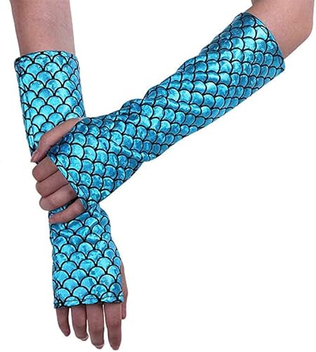 RUNHENG Damen Shimmery Meerjungfrau Handschuhe Fisch Schuppen Fingerlose Lange Handschuhe Ellenbogenlänge Halloween Karneval Maskerade Gr. 29 cm, blau von RUNHENG