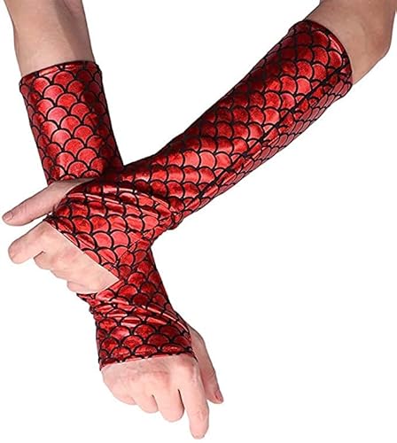 RUNHENG Schimmernde Meerjungfrau-Handschuhe für Damen, Fischschuppen, fingerlos, lang, Ellenbogenlänge, Halloween, Karneval, Maskerade, rot, 29cm von RUNHENG