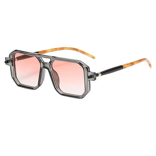 RUNHUIS Fashion Rechteck Sonnenbrille für Herren Damen Vintage Doppelbalken Quadratische Gläser UV400-Schutz Brillen Transluzentes Grau/Rosa von RUNHUIS