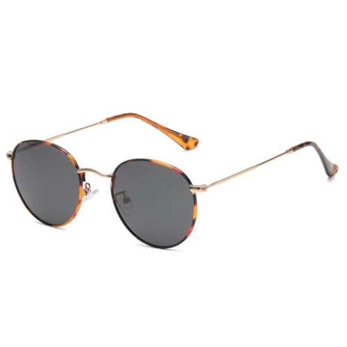 RUNHUIS Kleine Rund polarisierte Sonnenbrille Damen Herren Vintage Klassische Super Leichte Metallrahmen Gläser Retro Mode Brillen für Fahren Angeln Gold-Leopard/Grau von RUNHUIS