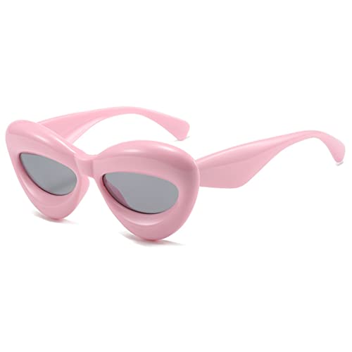 RUNHUIS Nette aufgeblasene Cat Eye Sonnenbrille Frauen Männer Sexy Lippe Dicker Rahmen übergroße Brillen Rosa/Grau von RUNHUIS