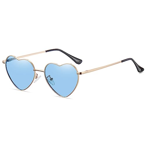 RUNHUIS Polarisiert Herzform Sonnenbrille Damen Herren Hippie Brille Vintage Liebe Sonnenbrille für Festival Party Gold Metallrahmen mit UV400 (Gold/Blau) von RUNHUIS