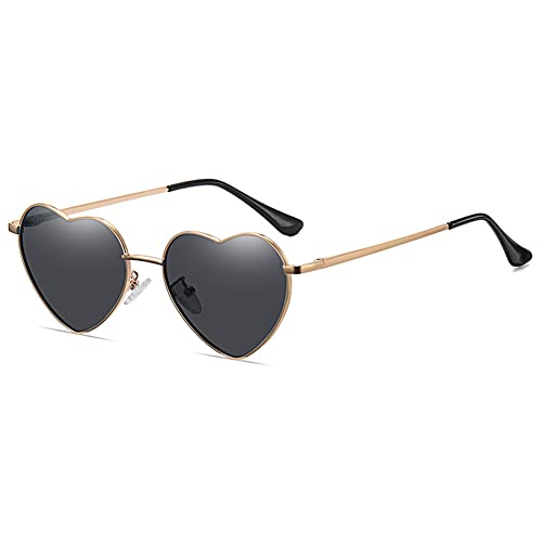 RUNHUIS Polarisiert Herzform Sonnenbrille Damen Herren Hippie Brille Vintage Liebe Sonnenbrille für Festival Party Gold Metallrahmen mit UV400 (Gold/Grau) von RUNHUIS