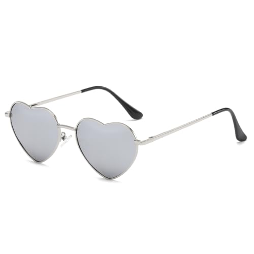 RUNHUIS Polarisiert Herzform Sonnenbrille Damen Herren Hippie Brille Vintage Liebe Sonnenbrille für Festival Party Gold Metallrahmen mit UV400 (Silber/Silber Gespiegelt) von RUNHUIS