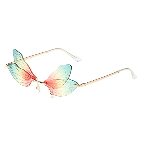 RUNHUIS Randlose Dragonfly Sonnenbrille Vintage Retro Flügel geformt Schmetterling Feenhafte Schatten Brille Fashion Party Brillen für Damen Herren (Rot-Gelb-Grün) von RUNHUIS