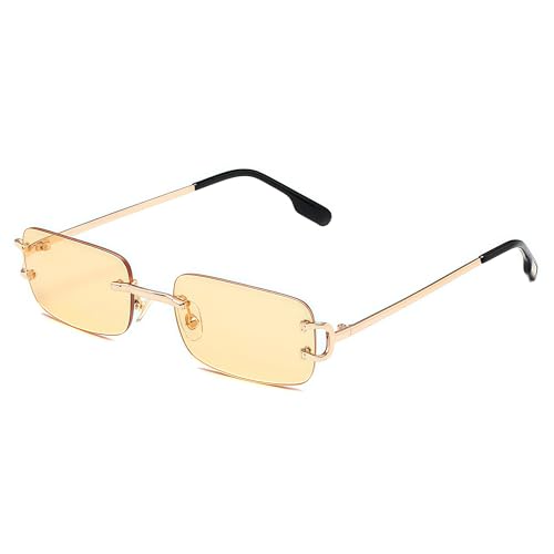 RUNHUIS Randlose Rechteck Sonnenbrille Damen Herren Vintage Retro Rahmenlose Quadratische Brille (Gold/Champagner) von RUNHUIS