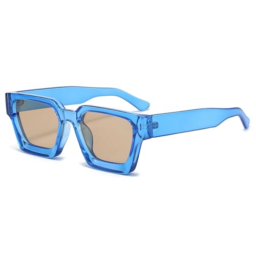 RUNHUIS Retro Dicke rechteckige Sonnenbrille für Damen Herren Vintage Klassisch Großer quadratischer Rahmen Chunky Brillen Blau/Champagner von RUNHUIS