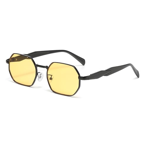 RUNHUIS Retro Hexagon Sonnenbrillen für Herren Damen Vintage Quadratisches Rechteck Metallrahmen Punk Stil Brille (Schwarz/Gelb) von RUNHUIS