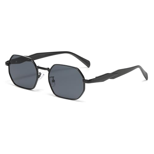 RUNHUIS Retro Hexagon Sonnenbrillen für Herren Damen Vintage Quadratisches Rechteck Metallrahmen Punk Stil Brille (Schwarz/Grau) von RUNHUIS