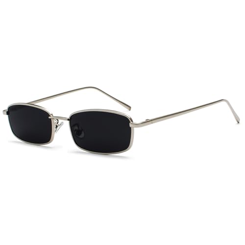 RUNHUIS Retro Klassische Kleine Rechteck Sonnenbrille Damen Herren Vintage Schlanke Rechteckige Metallrahmen Brille Silber/Grau von RUNHUIS