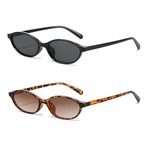 RUNHUIS Retro Oval Sonnenbrille Vintage Schlank Cateye Sonnenbrille für Damen Herren Mode Brillen (Schwarz/Grau+Leopard/Hellbraun) von RUNHUIS