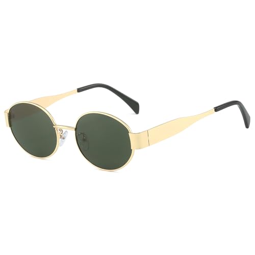RUNHUIS Retro Ovale Sonnenbrille Damen Herren Vintage Runde Metall Brille Trendige UV400 Schutz Sonnenbrille Gold/Dunkelgrün von RUNHUIS