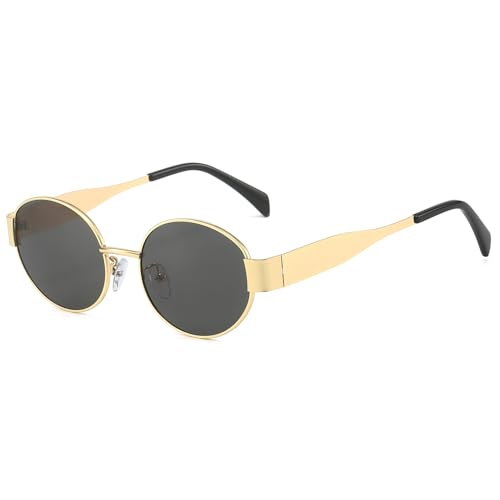 RUNHUIS Retro Ovale Sonnenbrille Damen Herren Vintage Runde Metall Brille Trendige UV400 Schutz Sonnenbrille Gold/Grau von RUNHUIS