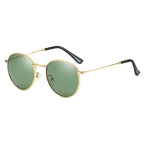 RUNHUIS Rund polarisierte Sonnenbrille Damen Herren Klassische Super Leichte Metallrahmen Gläser Mode Brillen für Fahren Angeln Gold/Dunkelgrün von RUNHUIS