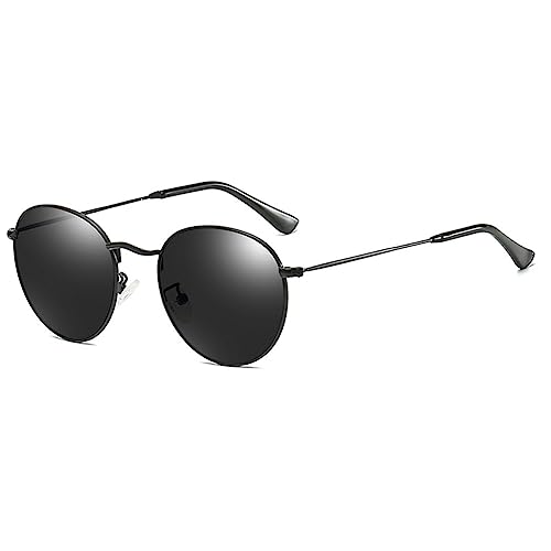 RUNHUIS Rund polarisierte Sonnenbrille Damen Herren Klassische Super Leichte Metallrahmen Gläser Mode Brillen für Fahren Angeln Schwarz/Grau von RUNHUIS