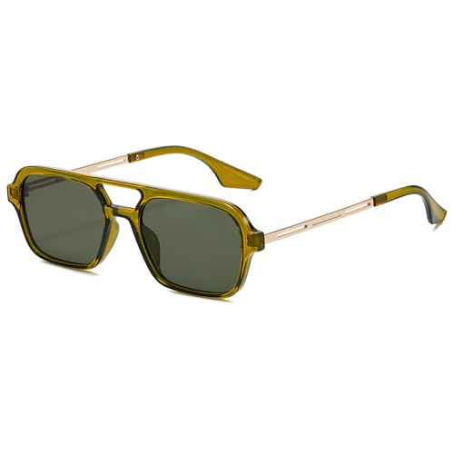 RUNHUIS Vintage Klassische 70er Jahre Quadratische Sonnenbrille für Damen Herren Trendy Retro Slim Rechteck Brille (Olivgrün/Dunkelgrün) von RUNHUIS
