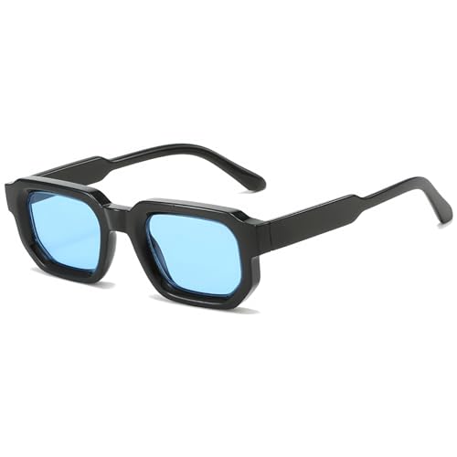 RUNHUIS Vintage Rechteckige Sonnenbrille Damen Herren Retro Sechseck Kleine dicke Rahmen Chunky Brille Schwarz/Blau von RUNHUIS