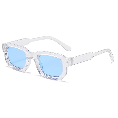 RUNHUIS Vintage Rechteckige Sonnenbrille für Damen Herren, Retro Sechseck Kleine dicke Rahmen Getönte Chunky Brille (Transparent/Blau) von RUNHUIS