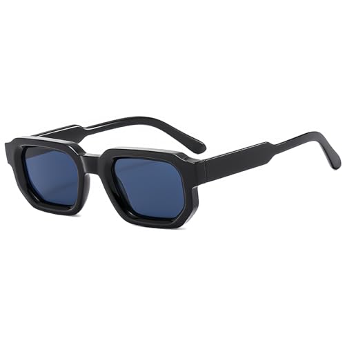 RUNHUIS Vintage Rechteckige Sonnenbrille für Damen Herren, Retro Sechseck Kleine dicke Rahmen Getönte Chunky Brille Schwarz/Grau von RUNHUIS