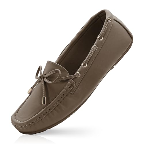 RUNIC Damen Loafer mit Fußgewölbeunterstützung - Bequeme Schlupfschuhe mit Memory Foam Einlegesohle und Gummilaufsohle, Kunstleder Flats für Arbeit oder Reisen, Khaki, 39.5 EU von RUNIC