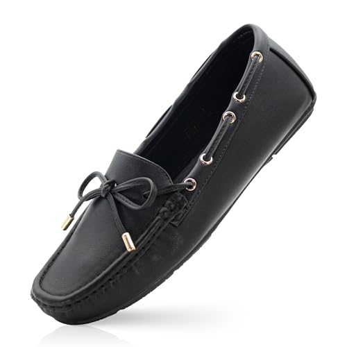 RUNIC Damen Loafer mit Fußgewölbeunterstützung - Bequeme Schlupfschuhe mit Memory Foam Einlegesohle und Gummilaufsohle, Kunstleder Flats für Arbeit oder Reisen, Schwarz, 37.5 EU von RUNIC