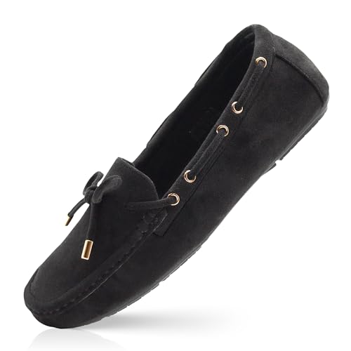 RUNIC Damen Loafer mit Fußgewölbeunterstützung - Bequeme Schlupfschuhe mit Memory Foam Einlegesohle und Gummilaufsohle, Kunstleder Flats für Arbeit oder Reisen, Schwarzes Wildleder, 37.5 EU von RUNIC