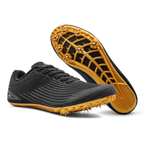 RUNIC Leichtathletikschuhe für Herren, Damen und Kinder – Pro Running Spikes für Sprint, Rennen & Training – 7 Spikes + extra Spikes & Schraubenschlüssel (US-Männergröße), Schwarz/Gold, 46 EU von RUNIC