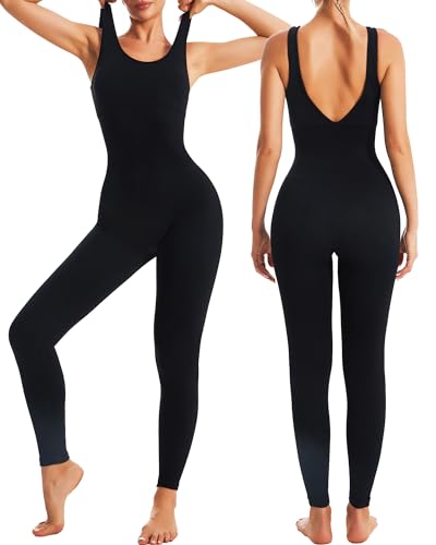 RUNNNG GIRL Jumpsuits für Damen, quadratischer Ausschnitt, Einteiler, Buttery, weich, Workout, Einteiler, Yoga, athletischer Strampler, L-schwarz, Large von RUNNING GIRL