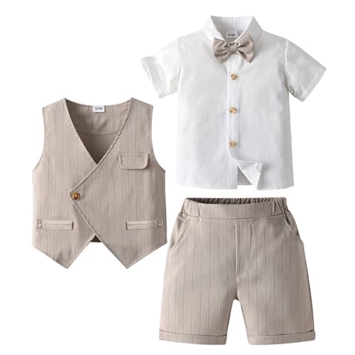 RUNQHUI Baby Jungen Kurzarm Fliege Hemd + Weste + Shorts Taufanzug Festliche Gentleman Smoking Anzug Baumwolle Babykleidung Hochzeitanzug Khaki 80-86 von RUNQHUI