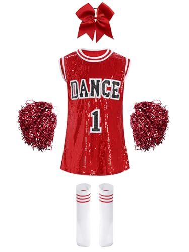 RUNQHUI Cheerleading Kostüm Mädchen Cheer Leader Outfit Ärmellos Paillteen Shirtkleid mit Pompoms Socken und Kopfschmuck Tanzkostüm Rot A 170 von RUNQHUI