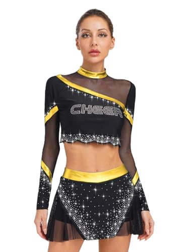 RUNQHUI Damen Cheer Leader Kostüm Zweiteiler Crop Tops mit Faltenrock Cheerleading Uniform Glizer Tanzkleid Halloween Karneval Fasching Partykleid Gold M RUNQHUI Damen Cheer Leader Kostüm Zweiteiler Crop Tops mit Faltenrock Cheerleading Uniform Glizer Tanzkleid Halloween Karneval Fasching Partykleid Gold M von RUNQHUI