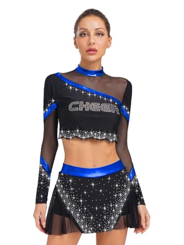RUNQHUI Damen Cheer Leader Kostüm Zweiteiler Crop Tops mit Faltenrock Cheerleading Uniform Glizer Tanzkleid Halloween Karneval Fasching Partykleid Königsblau L von RUNQHUI