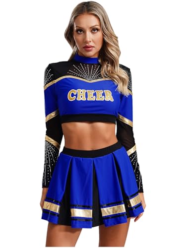RUNQHUI Damen Cheer Leader Kostüm Zweiteiler Crop Tops mit Faltenrock Cheerleading Uniform Tanzkleid Halloween Karneval Fasching Partykleid Blau M von RUNQHUI
