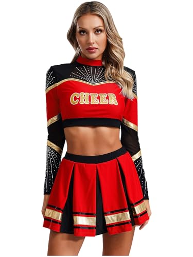 RUNQHUI Damen Cheer Leader Kostüm Zweiteiler Crop Tops mit Faltenrock Cheerleading Uniform Tanzkleid Halloween Karneval Fasching Partykleid Rot XXL RUNQHUI Damen Cheer Leader Kostüm Zweiteiler Crop Tops mit Faltenrock Cheerleading Uniform Tanzkleid Halloween Karneval Fasching Partykleid Rot XXL von RUNQHUI