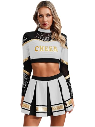 RUNQHUI Damen Cheer Leader Kostüm Zweiteiler Crop Tops mit Faltenrock Cheerleading Uniform Tanzkleid Halloween Karneval Fasching Partykleid Weiß XXL RUNQHUI Damen Cheer Leader Kostüm Zweiteiler Crop Tops mit Faltenrock Cheerleading Uniform Tanzkleid Halloween Karneval Fasching Partykleid Weiß XXL von RUNQHUI