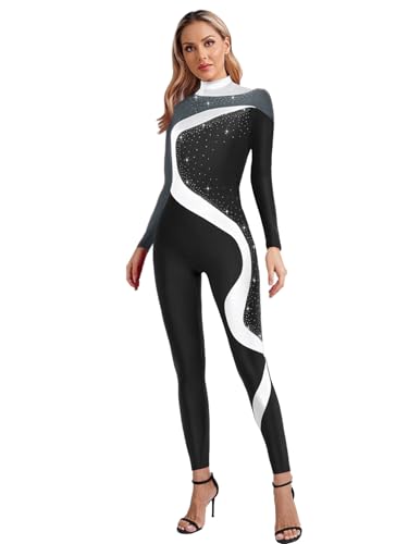 RUNQHUI Damen Ganz Turnanzug Ballettanzug Gymnastikanzug Langarm Ballett Tanz Trikot Strass Einteiler Jumpsuit Overall Ganzkörperanzug Schwarz S von RUNQHUI