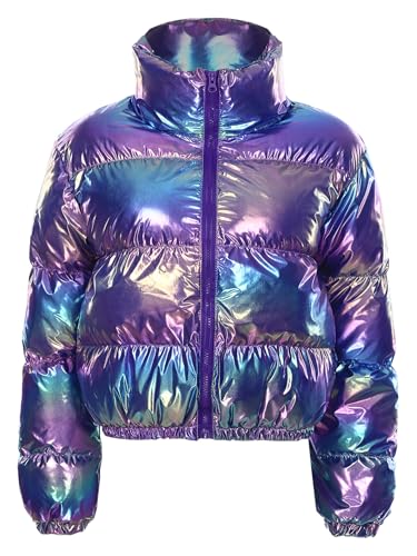 RUNQHUI Damen Glänzend Daunen Baumwolle Jacken Winter Verdicken Warm Metallic Glanz Puffer Parker Mantel Kurz Oberbekleidung Blau XXL von RUNQHUI