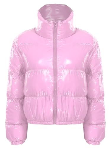 RUNQHUI Damen Glänzend Daunen Baumwolle Jacken Winter Verdicken Warm Metallic Glanz Puffer Parker Mantel Kurz Oberbekleidung Rosa M von RUNQHUI