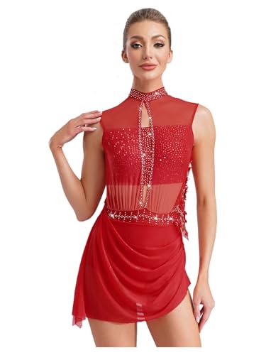 RUNQHUI Damen Glitzer Eiskunstlauf Kleid Rückenfrei Tanzkleid Tanzanzug Ärmellose Trikotanzug Gymnastikanzug Tanzbody Rot M von RUNQHUI