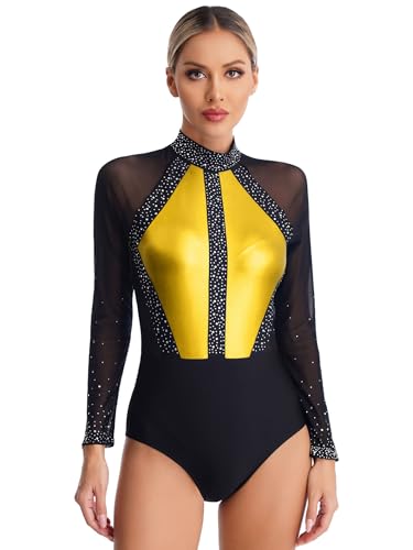 RUNQHUI Damen Gymnatik Leotard Metallic-Patchwork Turnanzug Ballett Gymnastikbody Mit Strass Ballett Trikotanzug Wettbewerb Ballettkleidung Gold XXL von RUNQHUI