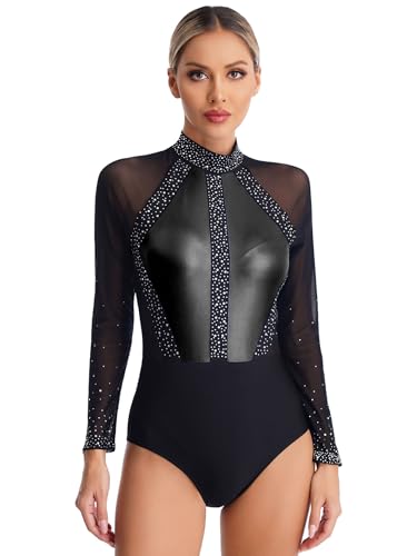 RUNQHUI Damen Gymnatik Leotard Metallic-Patchwork Turnanzug Ballett Gymnastikbody Mit Strass Ballett Trikotanzug Wettbewerb Ballettkleidung Schwarz XL von RUNQHUI