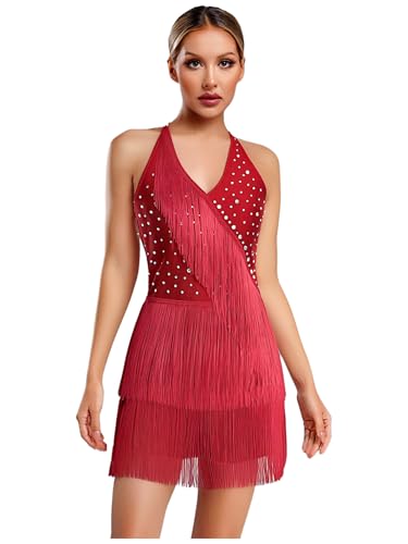 RUNQHUI Damen Kurz Quaste Jumpsuit Neckholder Fransen Latein Tanzoverall Rückenfrei Gymnastikbody Jazz Cha Cha Samba Salsa Performance Tanzkostüm Weinrot S von RUNQHUI