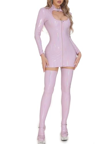 RUNQHUI Damen Lackleder Kleid mit Strümpfe Wetlook Langam Minikleid mit Reißverschluss Partykleid Gogo Tanz Clubwear Violett 3XL von RUNQHUI