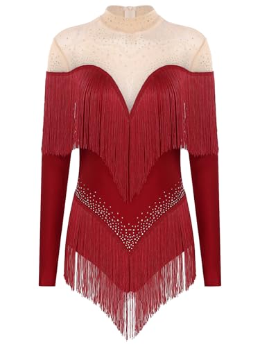 RUNQHUI Damen Latein Tanzkleid Strass Eiskunstlauf Kleid Ballettkleid mit Fransen Langarm Tango Chacha Rumba Salsa Lyrisch Tanzkleid Burgundy M RUNQHUI Damen Latein Tanzkleid Strass Eiskunstlauf Kleid Ballettkleid mit Fransen Langarm Tango Chacha Rumba Salsa Lyrisch Tanzkleid Burgundy M von RUNQHUI