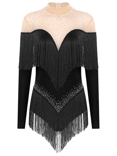 RUNQHUI Damen Latein Tanzkleid Strass Eiskunstlauf Kleid Ballettkleid mit Fransen Langarm Tango Chacha Rumba Salsa Lyrisch Tanzkleid Schwarz XL von RUNQHUI