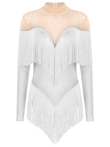 RUNQHUI Damen Latein Tanzkleid Strass Eiskunstlauf Kleid Ballettkleid mit Fransen Langarm Tango Chacha Rumba Salsa Lyrisch Tanzkleid Weiß XXL von RUNQHUI